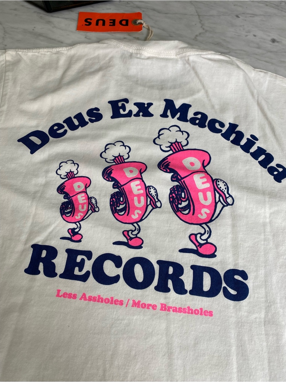 Deus Ex Machina Records Off White Cream Tee with Pink Logo